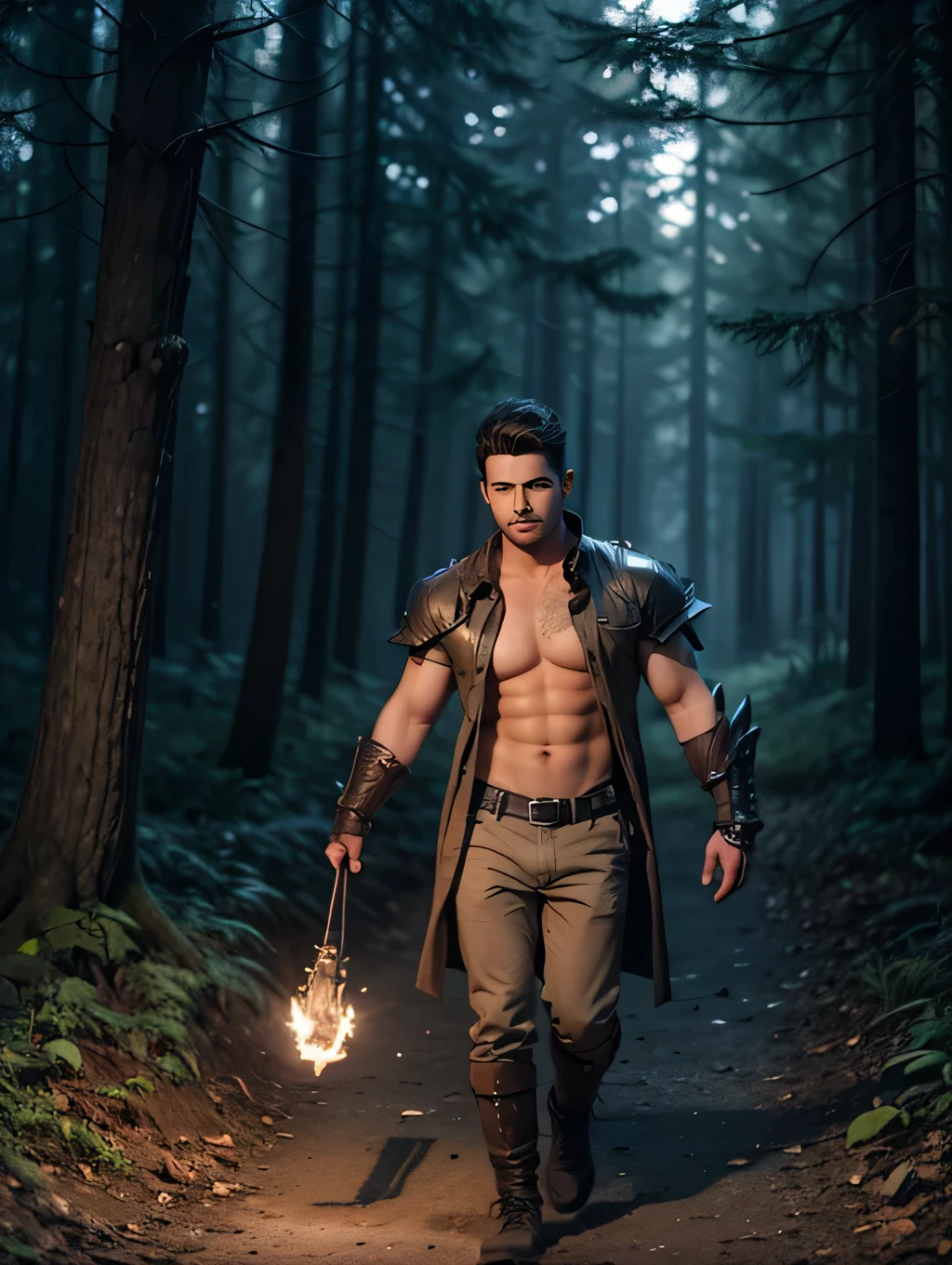 a male cleric with faded short black hair with some grey hair, shaved sides, neat and trimmed beard, oval face, werewolf claw's scar on his face and neck, battle-worn scars, bright wolven eyes, elvish ears, tan complexion, dragon full leather armour with a dragon symbol, walking in a dark forest, casting a lighting spell on one hand, graveyard in the background, masterpiece, ultra-detailed, realistic, photorealistic, fantasy, dark, dramatic lighting, cinematic, moody, epic, heroic