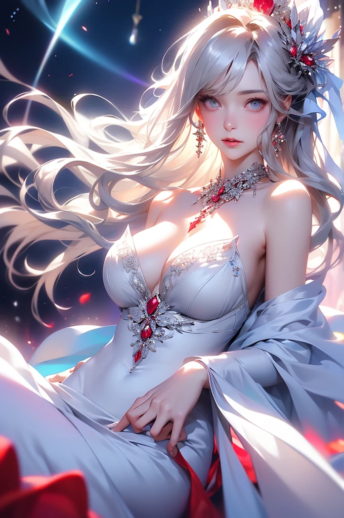 (masterpiece:1.5, Highest quality, Very detailed、 Dutch Angle、Semi-realistic、Fantasy)(One Girl, alone)(White and beautiful hair:1.4,,Straight Long Hair)(White based dress、Fantasyの衣装)、((Off the shoulder、Mid-chest、ruby necklace))(Beautiful cleavage、Legs wrapped in tights)(Beautiful starry sky、Mystical Night、Particles of light float around the woman、Fantasy space) Waiting to start