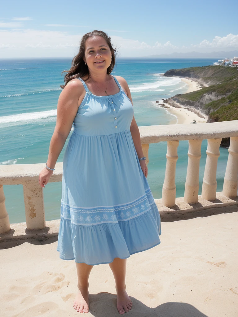 her name is Annette, high quality, ((mature)), ((white pale skin)), 1girl, ((40-year-old chubby Swiss woman)), ((40 years old)), ((chubby)), ((brunette)), pose: standing, wearing stylish blue (((wearing light-colored sundress))), ((BACKGROUND: overlooking coastal side in Naica, Mexico)), random pose, messy bun hair