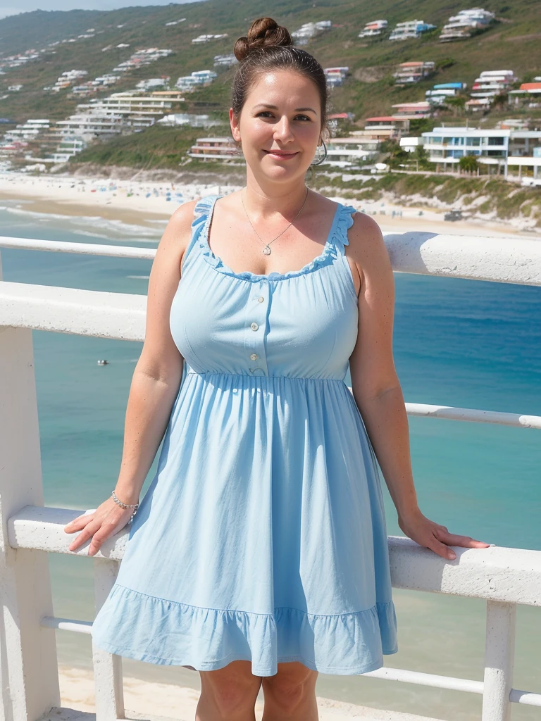 her name is Annette, high quality, ((mature)), ((white pale skin)), 1girl, ((40-year-old chubby Swiss woman)), ((40 years old)), ((chubby)), ((brunette)), pose: standing, wearing stylish blue (((wearing light-colored sundress))), ((BACKGROUND: overlooking coastal side in Naica, Mexico)), random pose, messy bun hair