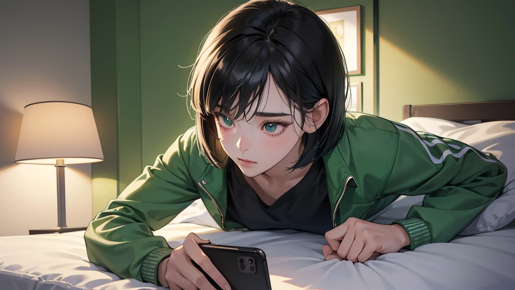 (perfect anatomy:1.2)(absurdres, highres, ultra detailed),masterpiece,best quality,high resolution,8k,Realistic face,Realistic skin texture,magnified textures, stunning clarity,detailed anime girl,(ultra detailed eyes and face),(1 girl:1.5)21years old,she is office worker,,black hair, bob cut, No-makeup look,,green school track jacket and green track pants,white t-thirt,(The chest is visible)(Lying on her bed on her face down,look down tphone,sleepy eyes,small nose,roundface,Women's Apartments in suburb,(faint light),(darkness:1.2),(midnight),,(sleepy),(happy)cowboy shot,Foliage plant,lamp,backlighting