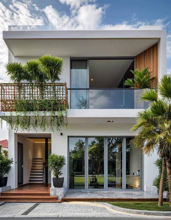 Masterpiece, high quality, best quality, authentic, super detail, outdoors, onestoreyvillaXL, aiaigroup, house style modern on the street ,stairs, white wall ,road,pavement, grass, trees, sky, cloud, (daylight:1.1)