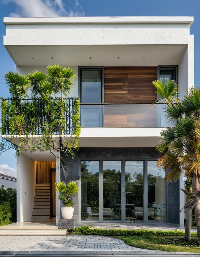 Masterpiece, high quality, best quality, authentic, super detail, outdoors, onestoreyvillaXL, aiaigroup, house style modern on the street ,stairs, white wall ,road,pavement, grass, trees, sky, cloud, (daylight:1.1)
