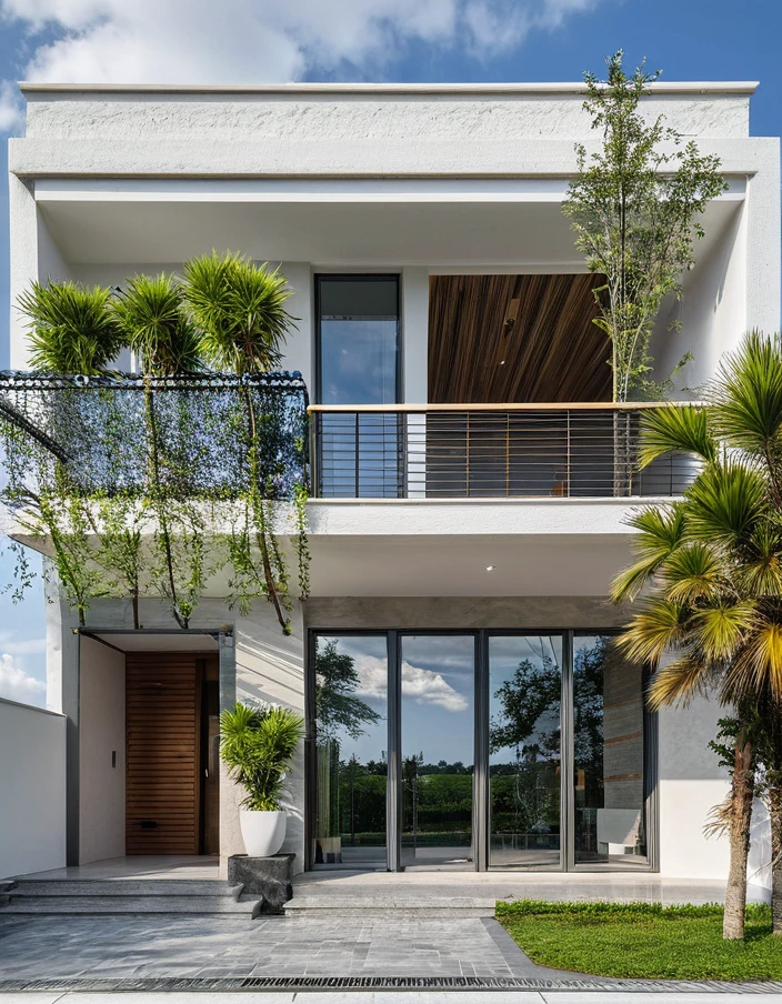 Masterpiece, high quality, best quality, authentic, super detail, outdoors, onestoreyvillaXL, aiaigroup, house style modern on the street ,stairs, white wall ,road,pavement, grass, trees, sky, cloud, (daylight:1.1)

