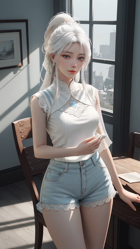 a white hair、Close-up of woman wearing white mask, beautiful figure painting, guweiz, guweiz style artwork, White-haired God, author:Yang Jie, Epic and beautiful character art, Stunning character art, author:Fan Qi, by Wuzhun Shifan, guweiz on pixiv artstation street, single ponytail, Side Mao Insult, high ponytail, tall figure, long legs, (sleeveless lace shirt), (shorts), (striped )), ((striped )), walk, elegant, dignified, feminine, Beautiful curves, sweet smile, Strong sense of detail and layering, Rich and gorgeous colors, Has a unique texture, colorful, Color harmony, vivid, design art, 16k, super detailed, {{illustration}}, {extremely delicate and beautiful}, {Sophisticated finish}, Super detailed, Exquisite glowing eyes, {{movie lighting}}, Extreme light effects, Model: realism, CFG scale: 12, lola: Bright texture (1.35), high quality, masterpiece, Exquisite facial features, Delicate hair depiction, Delicate depiction of eyes, masterpiece, best quality, Ray tracing, Extremely detailed CG unified 8k wallpaper, masterpiece, best quality, (1 girl), perfect female figure, (((??????????? t shirt))), beautiful eyes, (delicate face), short black hair, hair tied up, Light blue hairpins, black silk frame glasses, in the classroom, (White skin), (best lighting), (Super intricate details), 4K unified, (super detailed CG), Showing white legs, , hot pants, shorts,