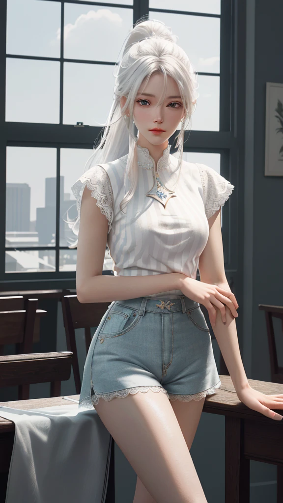 a white hair、Close-up of woman wearing white mask, beautiful figure painting, guweiz, guweiz style artwork, White-haired God, author:Yang Jie, Epic and beautiful character art, Stunning character art, author:Fan Qi, by Wuzhun Shifan, guweiz on pixiv artstation street, single ponytail, Side Mao Insult, high ponytail, tall figure, long legs, (sleeveless lace shirt), (shorts), (striped )), ((striped )), walk, elegant, dignified, feminine, Beautiful curves, sweet smile, Strong sense of detail and layering, Rich and gorgeous colors, Has a unique texture, colorful, Color harmony, vivid, design art, 16k, super detailed, {{illustration}}, {extremely delicate and beautiful}, {Sophisticated finish}, Super detailed, Exquisite glowing eyes, {{movie lighting}}, Extreme light effects, Model: realism, CFG scale: 12, lola: Bright texture (1.35), high quality, masterpiece, Exquisite facial features, Delicate hair depiction, Delicate depiction of eyes, masterpiece, best quality, Ray tracing, Extremely detailed CG unified 8k wallpaper, masterpiece, best quality, (1 girl), perfect female figure, (((tight white t shirt))), beautiful eyes, (delicate face), short black hair, hair tied up, Light blue hairpins, black silk frame glasses, in the classroom, (White skin), (best lighting), (Super intricate details), 4K unified, (super detailed CG), Showing white legs, , hot pants, shorts,