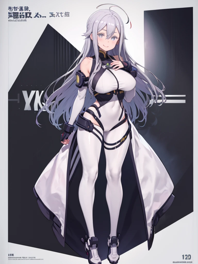 One Mature Woman、Grey Hair、long hair、Grey Eyes、Hair between the eyes、Ahoge、Big Breasts、Huge breasts、Full Body Tights、Plug Suit、White clothes、Clothes that fit the body、Upper Body、Front view、smile、blush、Watching the audience、Place your hand on your chest、