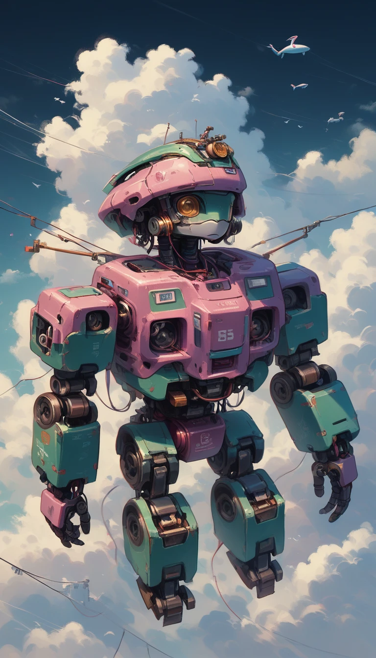 ((ballena voladora de Metal:1.5, robot whale flying through the skies surrounded by clouds:1.5)),(session:1.2),oxide,Metal, COPPER, Aluminum, The horizon in the distance,MYSTERY, idyllic, hyper detailed, highly detailed textures, lights, cables, cyberpunk terminals, image sharpness,HD,8k