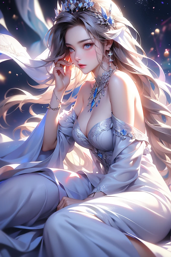 (masterpiece:1.5, Highest quality, Very detailed、 Dutch Angle、Semi-realistic、Fantasy)(One Girl, alone)(White and beautiful hair:1.4,,Straight Long Hair)(White based dress、Fantasyの衣装)、((Off the shoulder、Mid-chest、ruby necklace))(Beautiful cleavage、Legs wrapped in tights)(Beautiful starry sky、Mystical Night、Particles of light float around the woman、Fantasy space) Waiting to start
