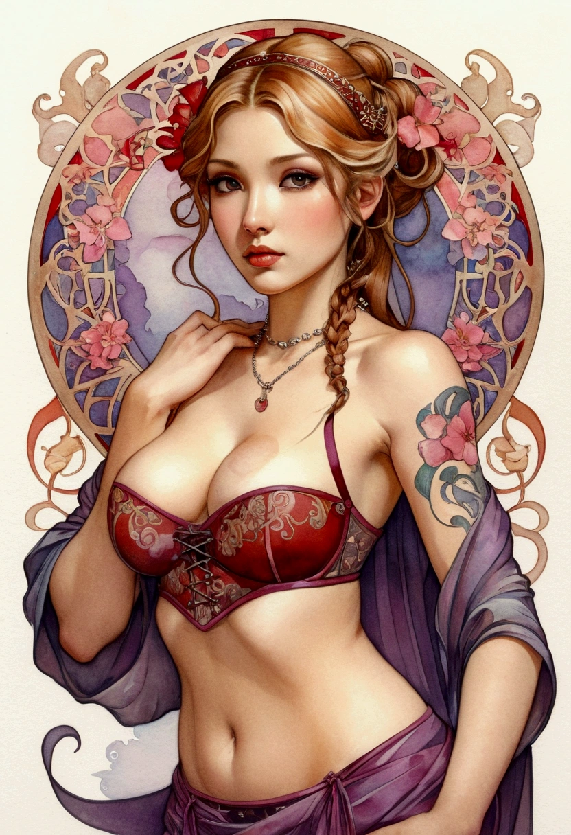((Masterpiece)), (best quality) realistic ,Fantasy, beautiful woman, Good mood, ??????? ,Beautiful round ???????, ???????????, corset ,micro panties ,Show your neck, ???? shoulders ,Showing your navel，Revealing ?????????, Plum blossom tattoo on ???? ,Big eyes, long, Thick eyelashes, plump lips, Crimson eyes,  blond hair long and thick, high ponytail, Intricate designs and patterns in the style of Alphonse Mucha. ,Art Nouveau style watercolor painting, flowers, dim light background 