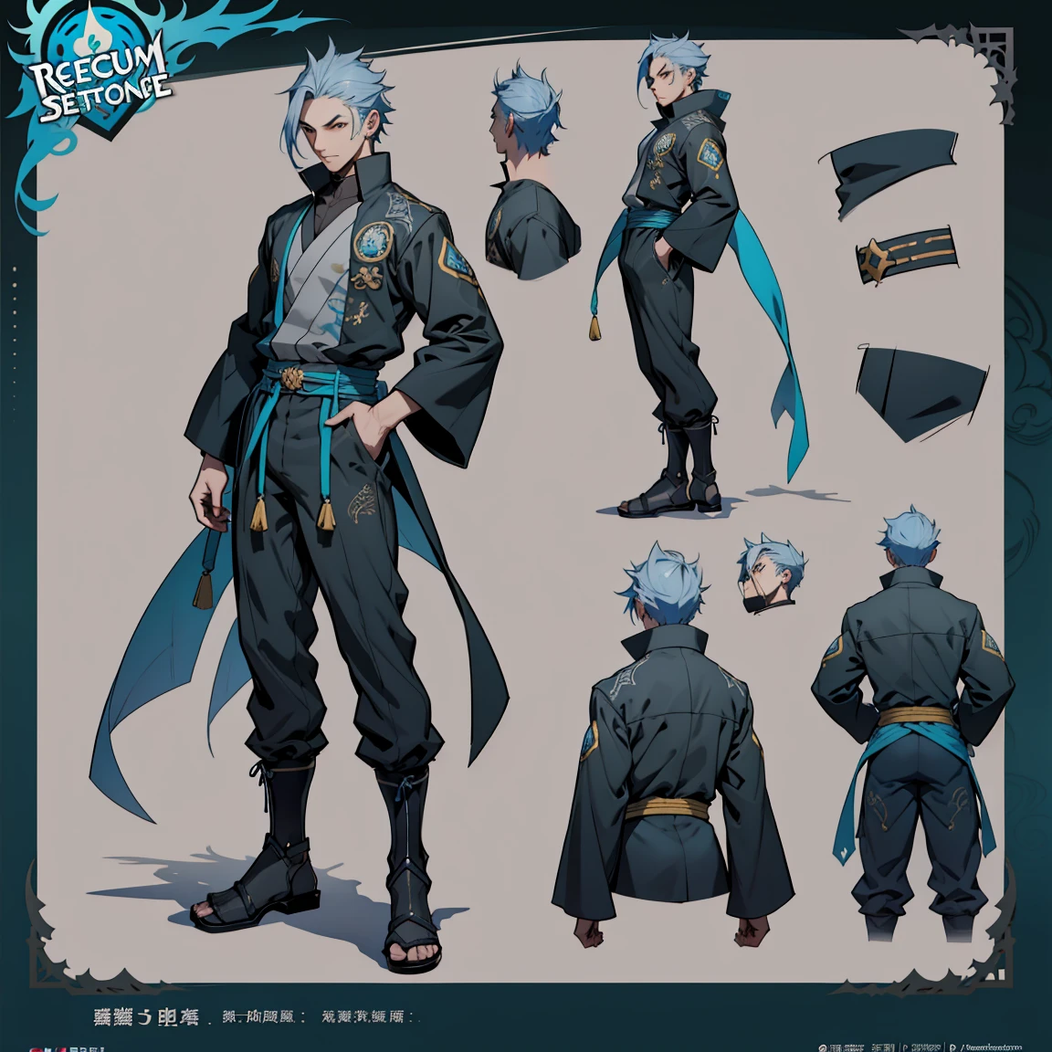 Close-up of a man in a grey suit, ((キャラクターConcept Art)), ((Character design sheet, same characters, front, ~ side, return)) maple story character art, Video Game Character Design, Video Game Character Design, Gray suit, blue hair, 専門家による高精細Concept Art, Interesting character design, Lucio as a man, Gravity Rush inspiration, sticky tar. Concept Art,Japanese sword on waist、