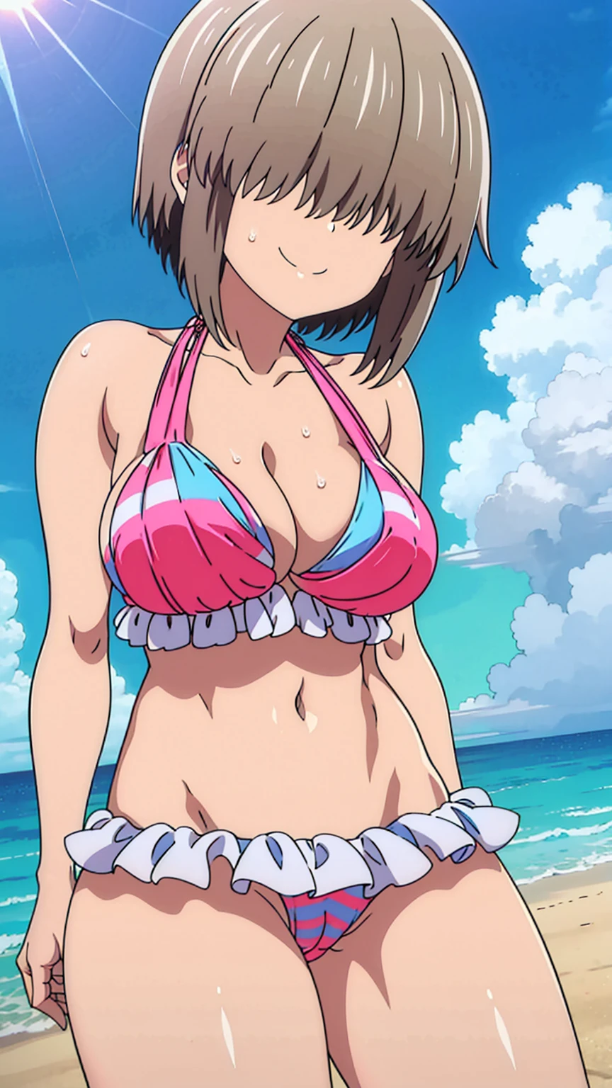 1girl, solo, smile, yanagi, short hair, bangs, grey hair, hair over eyes, side lock, long bangs, covered eyes, large breasts, looking at viewer, outdoors,(striped bikini), ,looking at the viewer, blue theme, blue background, cloudy sky, sunlight, sweat, orgasmic, bikini swimsuit, large breasts, cleavage, belly button exposed, collarbone, thighs, sea and beach,