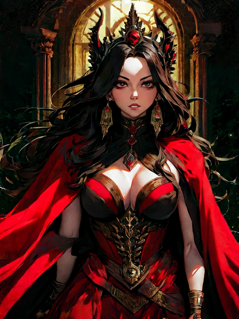 a poster of a woman in a red cloak and a red cape, poster art by Jorge Jacinto, Artstation, gothic art, goddess of death, queen of death, saturno butto. occult art, tarot card goddess of death, martin ansin, persephone as goddess of death, in style of dark fantasy art, goddess of death in a graveyard