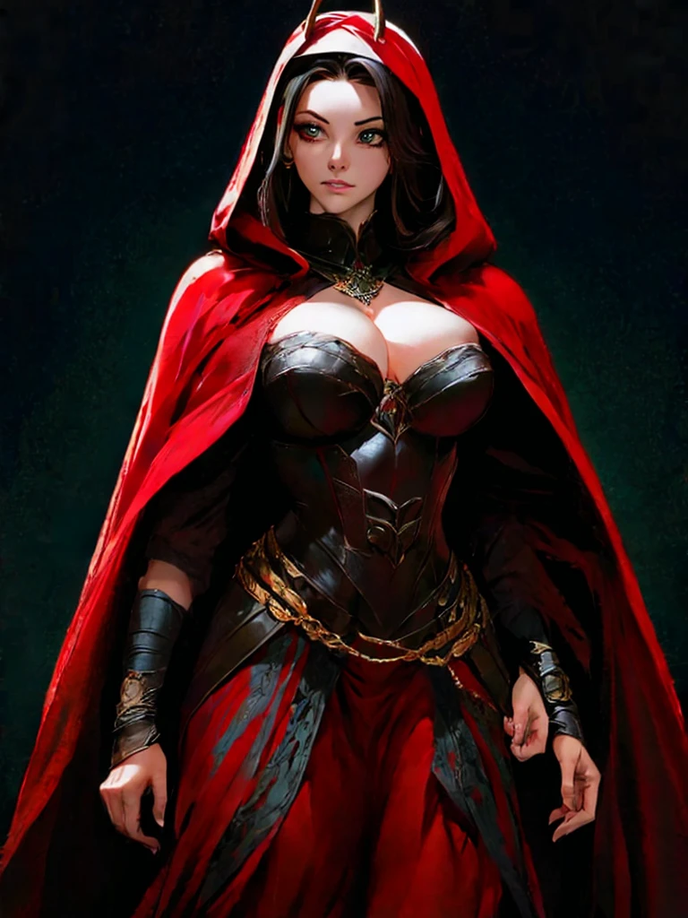 a poster of a woman in a red cloak and a red cape, poster art by Jorge Jacinto, Artstation, gothic art, goddess of death, queen of death, saturno butto. occult art, tarot card goddess of death, martin ansin, persephone as goddess of death, in style of dark fantasy art, goddess of death in a graveyard