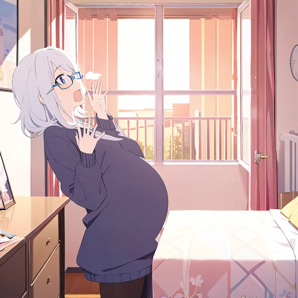 1girl, pregnant, wearing sweater, glasses, blue eyes, white hair, yawning, bedroom, open window, morning,