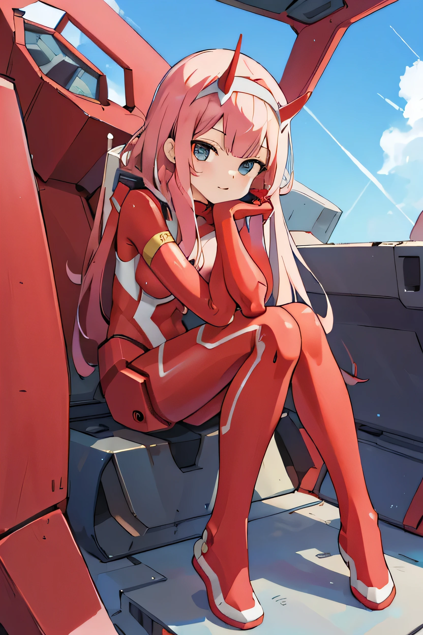 masterpiece, Highest quality, High resolution, bb zero 2, Long Hair, Horn, hair band, Red bodysuit, Are standing, robot, cockpit, Straddle the seat, Leaning forward, blue sky, 