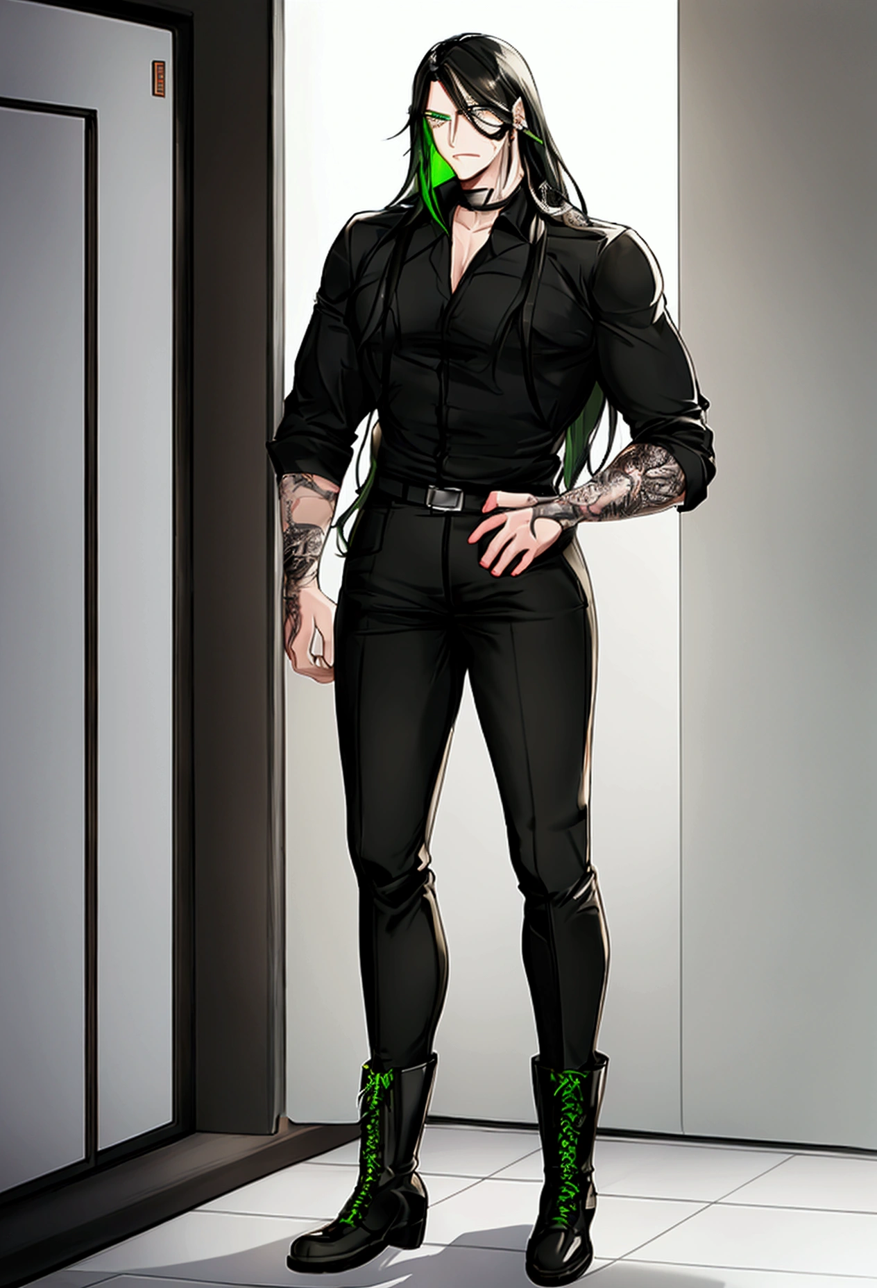 (a tall man with a stocky but not exaggerated build, with long black hair almost reaching his waist, neon green eyes that seem to shine and tattoos on his arms, wearing military boots and pants and a black shirt clinging to his body.)
It's a pleasure my name is Kai but you can call me Delta with pleasure