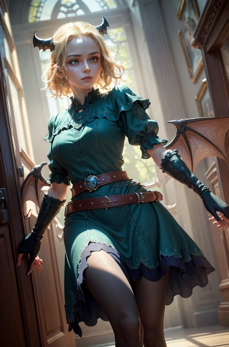 50 year old Standing wearing a knee length or longer full colorful dress that covers her thighs BLONDE A female blonde succubus with bat wings tipped with claws, with mesmerizing feature masterpiece, top quality, best quality, official art, beautiful and aesthetic:1.2), (1girl), extreme detailed,(fractal art:1.3), colorful, highest detailed, (masterpiece, best quality:1.3) 1 bright-amber, blue, green cat like-eyes, professional digital painting, Unreal Engine 5. wearing a dress, matching thin belt with a high waist thick heeled full covered shoes, oxfords, Seductive Hopeful expression, finely detailed eyes, happy mood, Wearing a full coverage blouse, epic scene, epic composition, Cinematic Lighting, Volumetric Lighting, ethereal light, intricate details, extremely detailed volumetric rays. oil painting, Detailed facial features, Sunlight, bright colors, dramatic lighting, expressive eyes and lips, High Resolution, 4K quality, Photorealistic