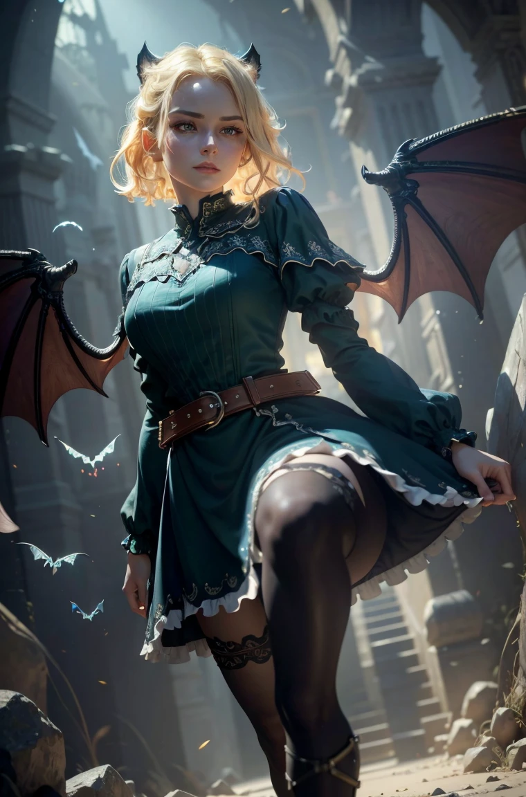 50 year old Standing wearing a knee length or longer full colorful dress that covers her thighs BLONDE A female blonde succubus with bat wings tipped with claws, with mesmerizing feature masterpiece, top quality, best quality, official art, beautiful and aesthetic:1.2), (1girl), extreme detailed,(fractal art:1.3), colorful, highest detailed, (masterpiece, best quality:1.3) 1 bright-amber, blue, green cat like-eyes, professional digital painting, Unreal Engine 5. wearing a dress, matching thin belt with a high waist thick heeled full covered shoes, oxfords, Seductive Hopeful expression, finely detailed eyes, happy mood, Wearing a full coverage blouse, epic scene, epic composition, Cinematic Lighting, Volumetric Lighting, ethereal light, intricate details, extremely detailed volumetric rays. oil painting, Detailed facial features, Sunlight, bright colors, dramatic lighting, expressive eyes and lips, High Resolution, 4K quality, Photorealistic