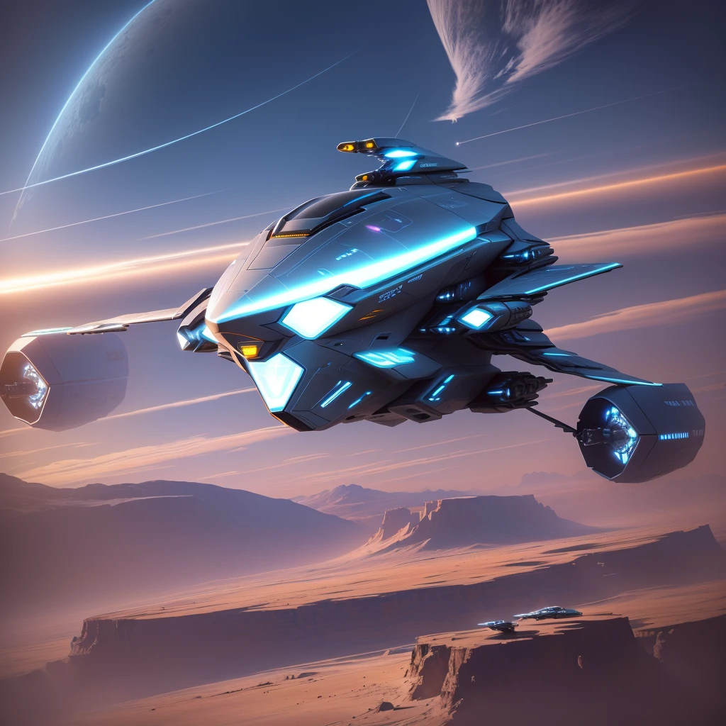 a close up of a futuristic flying vehicle in the sky, flying scifi vehicle, spaceship flies in the distance, valkyrie fighter jet, spaceship in a dry river bed, science fiction spacecraft, spaceship from the movie dune, lockheed concept art, star citizen halo, alien space ship flying in space, futuristic starship, star citizen digital art, spaceship in the sky, futuristic vehicles
