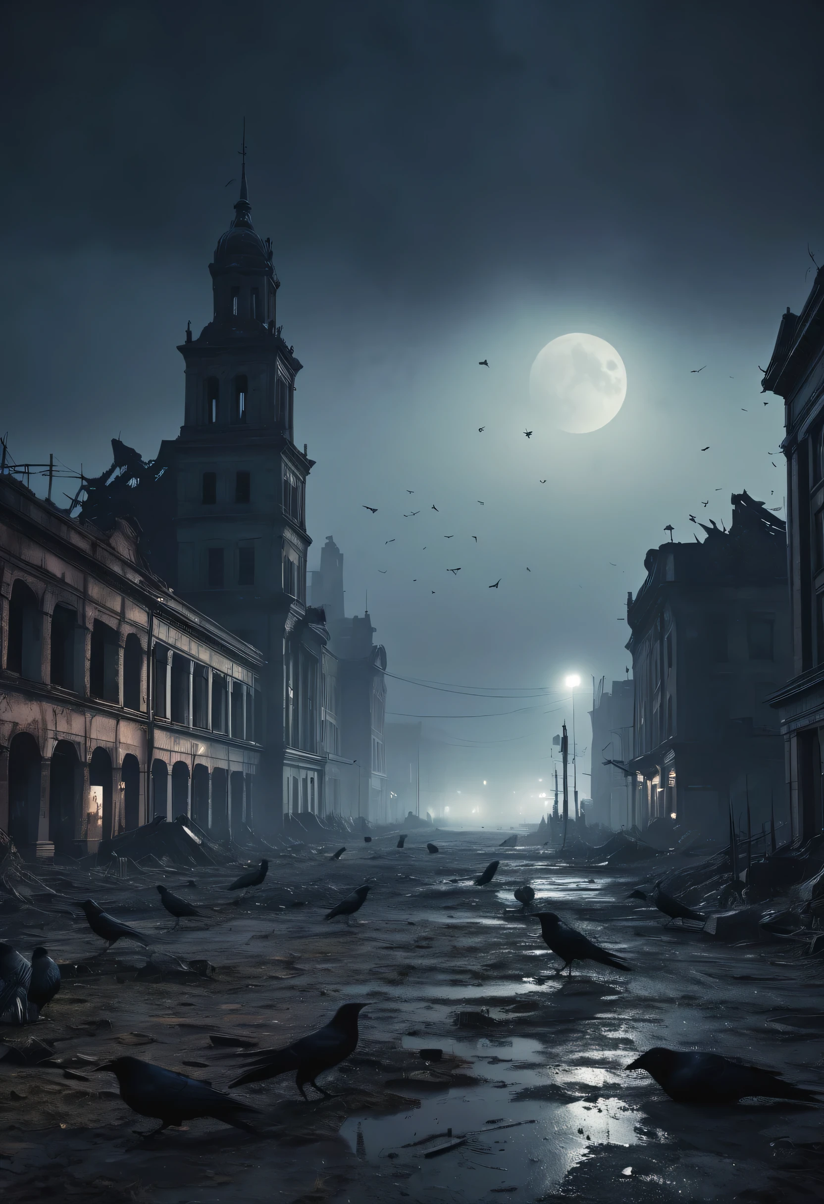 a night cityscape with a ruined city, dark atmosphere, cracked ground, crows gathered around, moonlit night, cinematic, dramatic lighting, gloomy, painterly, muted colors, highly detailed, volumetric fog, moody, abandoned, dystopian, post-apocalyptic, epic scale, (best quality,4k,8k,highres,masterpiece:1.2),ultra-detailed,(realistic,photorealistic,photo-realistic:1.37)