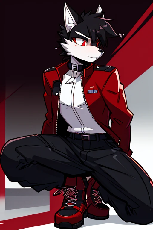 Art anime Cartoon digital,furry masculino,husky,black and white fur color,beauty,black hair color,red lines in hair,Eyes red,serious expression,Dog Collar,punk jacket,red shirt,black military pants,military boots,suburb 