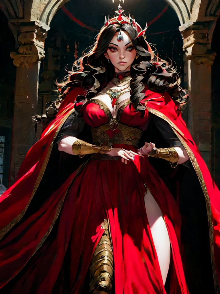 a poster of a woman in a red cloak and a red cape, poster art by Jorge Jacinto, Artstation, gothic art, goddess of death, queen of death, saturno butto. occult art, tarot card goddess of death, martin ansin, persephone as goddess of death, in style of dark fantasy art, goddess of death in a graveyard