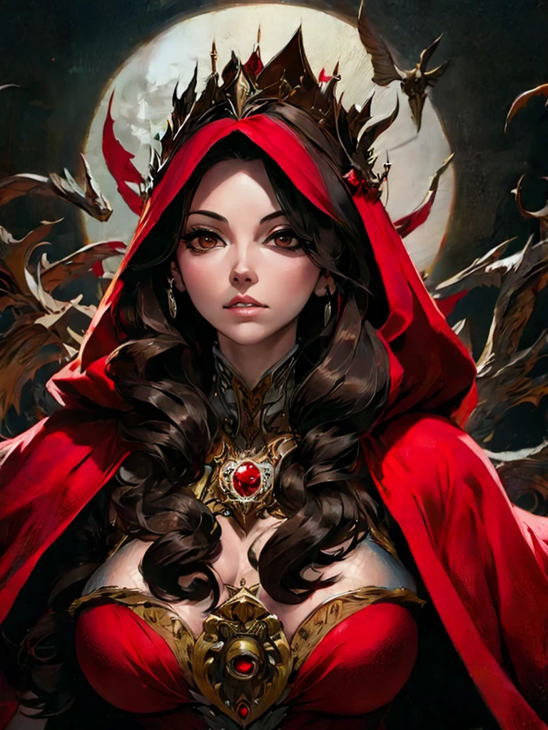 a poster of a woman in a red cloak and a red cape, poster art by Jorge Jacinto, Artstation, gothic art, goddess of death, queen of death, saturno butto. occult art, tarot card goddess of death, martin ansin, persephone as goddess of death, in style of dark fantasy art, goddess of death in a graveyard