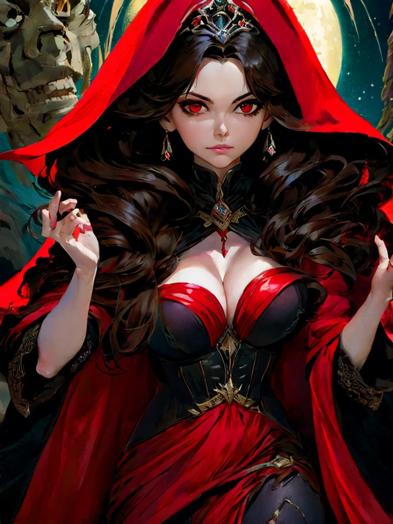 a poster of a woman in a red cloak and a red cape, poster art by Jorge Jacinto, Artstation, gothic art, goddess of death, queen of death, saturno butto. occult art, tarot card goddess of death, martin ansin, persephone as goddess of death, in style of dark fantasy art, goddess of death in a graveyard