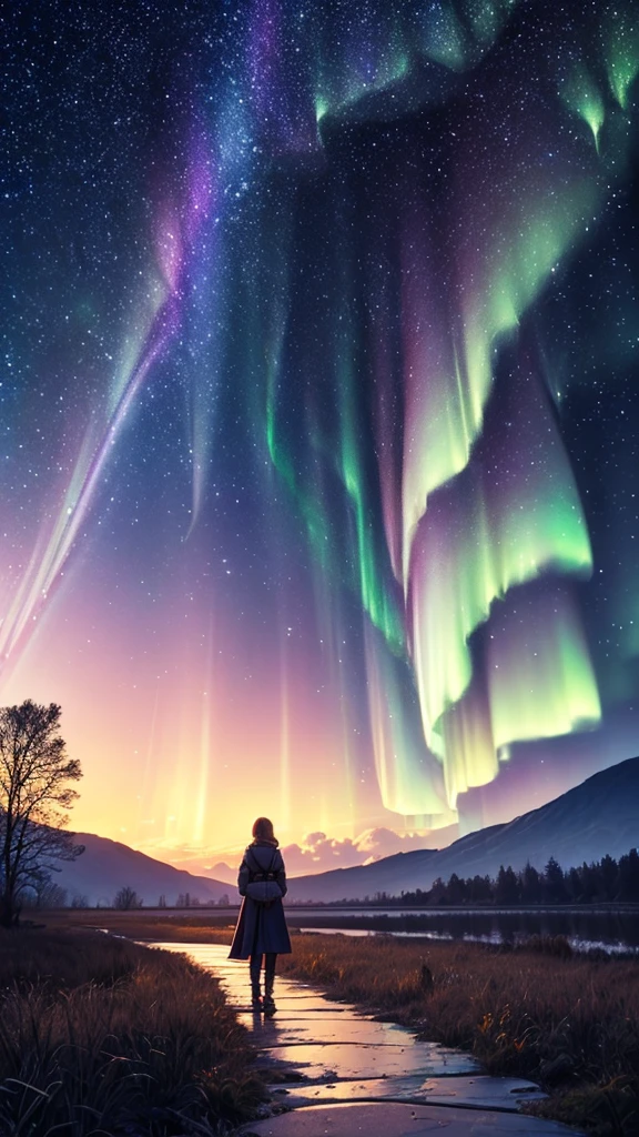 ((masterpiece))、((Highest quality))、((Realistic feel))、((landscape))、((A starry path leading to the starry sky:1.6))、Tilt Up、パステルトーンで染まったlandscape、Pitch Black、landscapeが揺れる、My mind wanderoonlight shines、Immersion、Cool blue shade、1By people、The sky is high、Aurora Color Spectrum、Dim and dim、High Contrast、Super beautiful graphics