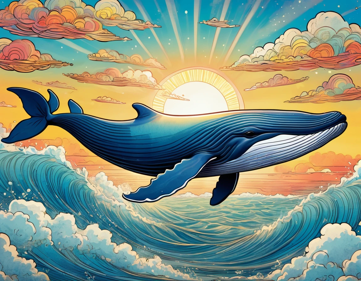 A beautiful, whimsical whale soaring through the sky, surrounded by a stunning sunrise, detailed clouds, and a delicate outline, in a charming, vintage comic book style with an Outsider Art aesthetic, (best quality,4k,8k,highres,masterpiece:1.2),ultra-detailed,(realistic,photorealistic,photo-realistic:1.37),highly detailed whale, detailed cloudy sky, detailed sunrise, delicate line art, cute, children's illustration style, vintage comic book, vibrant colors, cinematic lighting
