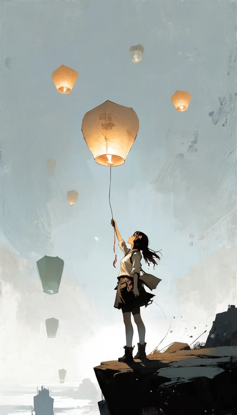 (Ashley Wood (Ashley Wood) style of:1.1), 
A girl on the cliff holding a paper lantern,Spread your knees apart，Bring your feet together,?,large areas of white space,At the bottom of the screen,(look up:1.5),from the side,Look up,comics,，Wishing paper lanterns in the sky