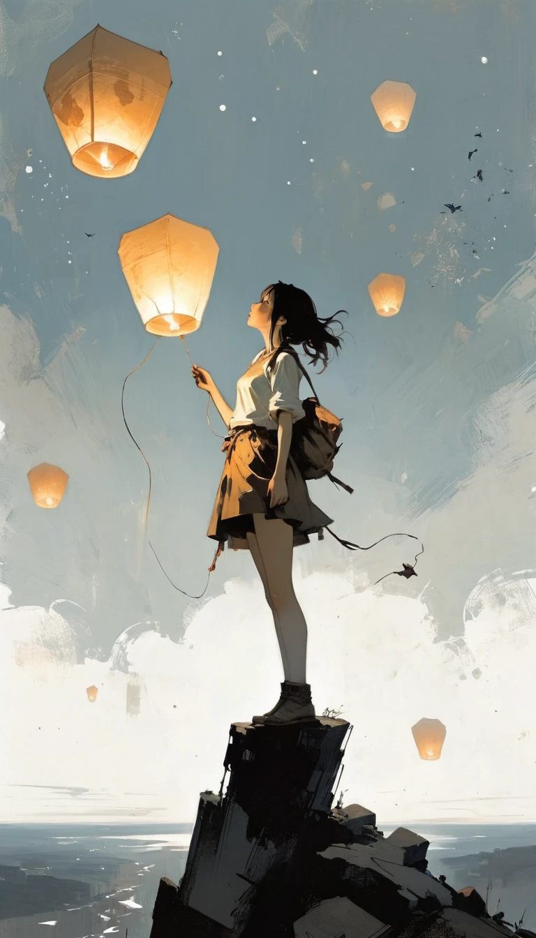 (Ashley Wood (Ashley Wood) style of:1.1), 
A girl on the cliff holding a paper lantern,Spread your knees apart，Bring your feet together,?,large areas of white space,At the bottom of the screen,(look up:1.5),from the side,Look up,comics,，Wishing paper lanterns in the sky