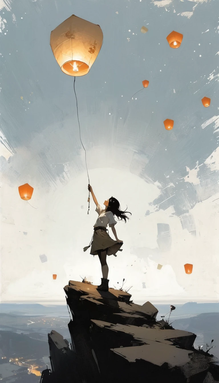 (Ashley Wood (Ashley Wood) style of:1.1), 
A girl on the cliff holding a paper lantern,Spread your knees apart，Bring your feet together,?,large areas of white space,At the bottom of the screen,(look up:1.5),from the side,Look up,comics,，Wishing paper lanterns in the sky