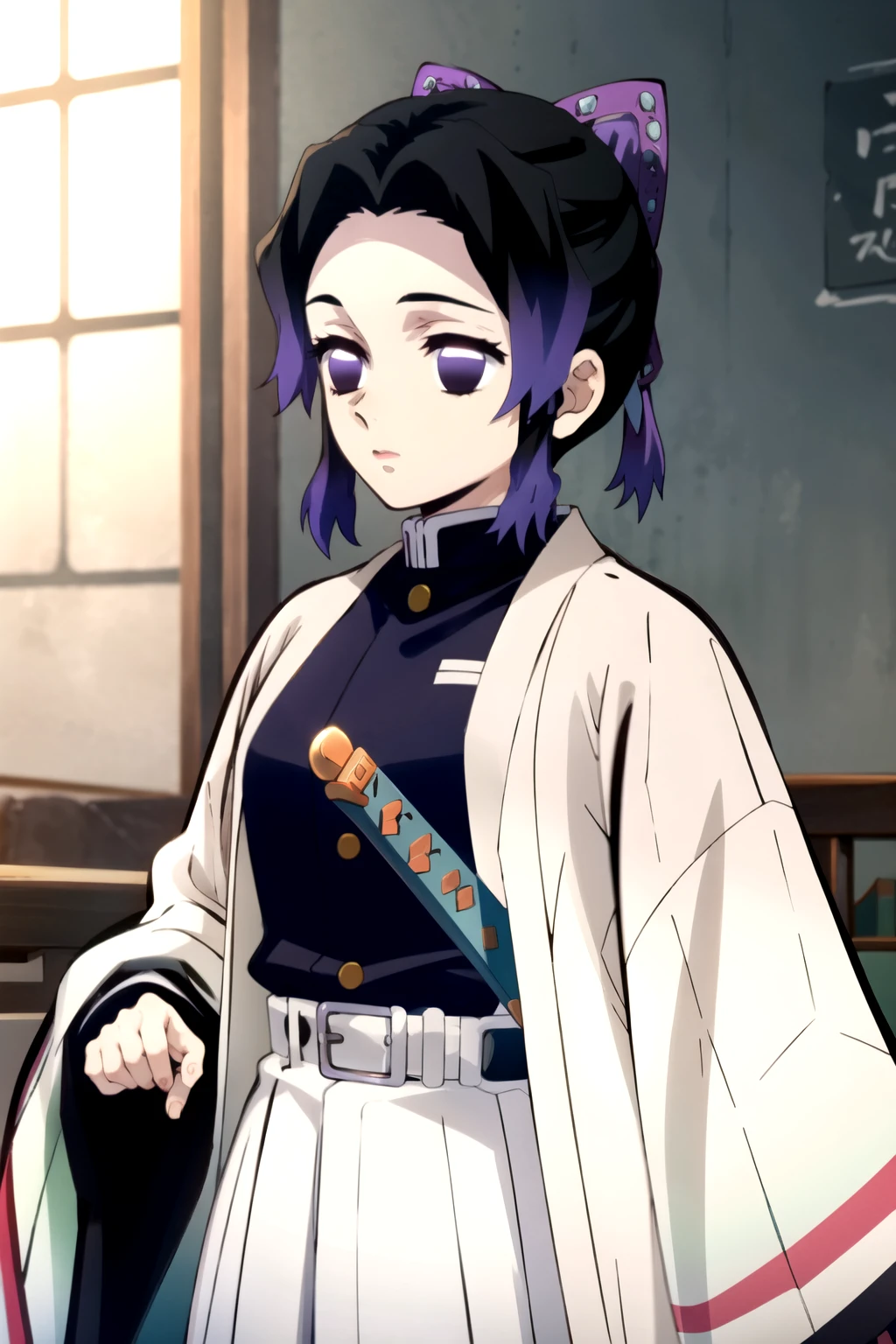 1 chico, demon hunter uniform, Alone, weapon, sword, purple hair, pale purple eyes, Tired eyes, black fur, japanese clothes, messy hair, Haori Morado, belt, katana, long hair, fault, long sleeves, empty eyes, parted hits, Jacket, without students, hits, white belt, blurred background, inside, Upper part of the body, blurred