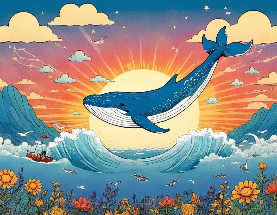 A beautiful, whimsical whale soaring through the sky, surrounded by a stunning sunrise, detailed clouds, and a delicate outline, in a charming, vintage comic book style with an Outsider Art aesthetic, (best quality,4k,8k,highres,masterpiece:1.2),ultra-detailed,(realistic,photorealistic,photo-realistic:1.37),highly detailed whale, detailed cloudy sky, detailed sunrise, delicate line art, cute, children's illustration style, vintage comic book, vibrant colors, cinematic lighting