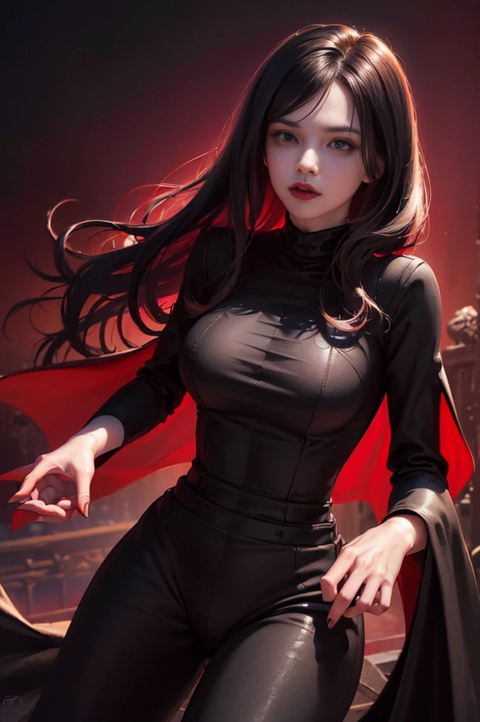 (skindentation:1.5), Realistic, Photorealistic, (masterpiece:1.5), concept art, intricate details, highly detailed, photorealistic, octane render, 8k, unreal engine, dynamic pose, best quality, highres, (realistic face:1.1), (hyperrealistic:1.1), (((full_body))), perfect eyes,(shiny skin:1.2), (((hairstyle))), (((perfect handtremely detailed background), ((dynamic background)), ((1girl)), (((wearing black jumpsuit, dark red long wizard cape))), ((detailed eyes, high quality eyes, high quality face)), (extremely intricate cape), long black hair, dramatic, depth of field, bokeh, 4k, (((underworld))), ((floating pose)), (((black magic witch))), (((fierce eyes)))