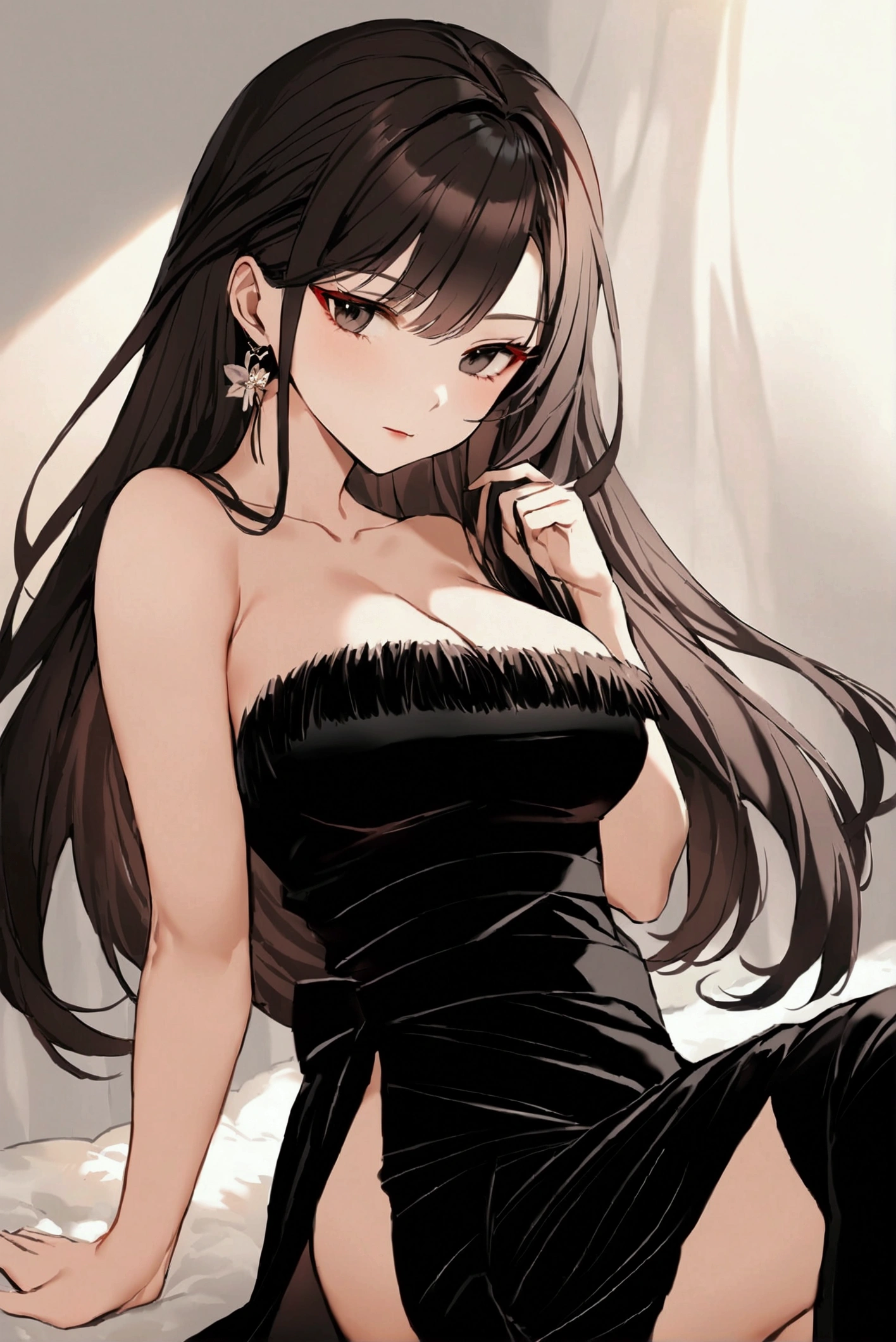 Become a，Black long hair，hair，red hanfu，Showing cleavage，Bare shoulders，Beautiful black eyes，Extremely detailed，high resolution，Simple background