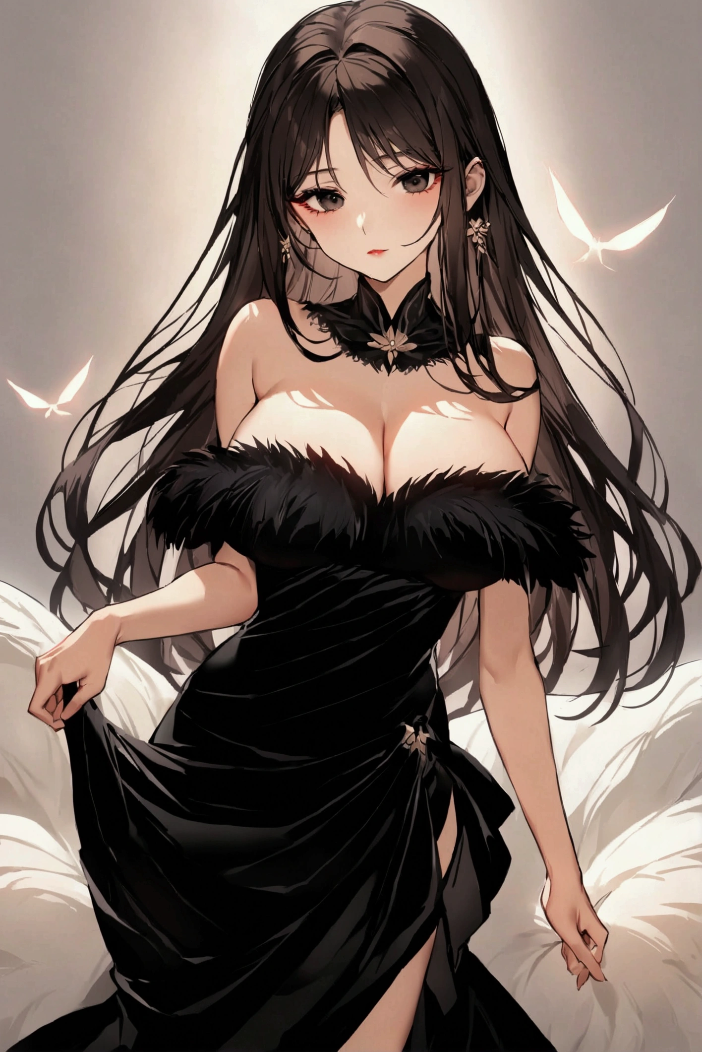Become a,Black long hair,hair,red hanfu,Showing cleavage,Bare shoulders,Beautiful black eyes,Extremely detailed,high resolution,Simple background
