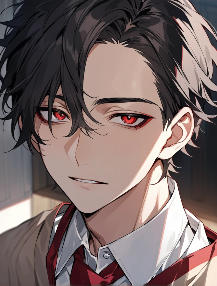 (black_hair), (short_hair), (deep_red_eyes), (Handsome), (Attractive), (male), (unique_highschool_uniform), (detailed_Hair), (detailed_mouth), (Teenager), (dark_under_eyes), (gem_like_eyes), (japanese)