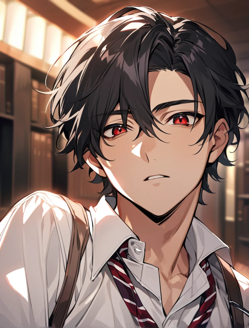 (black_hair), (short_hair), (deep_red_eyes), (Handsome), (Attractive), (male), (unique_highschool_uniform), (detailed_Hair), (detailed_mouth), (r), (dark_under_eyes), (gem_like_eyes), (japanese)