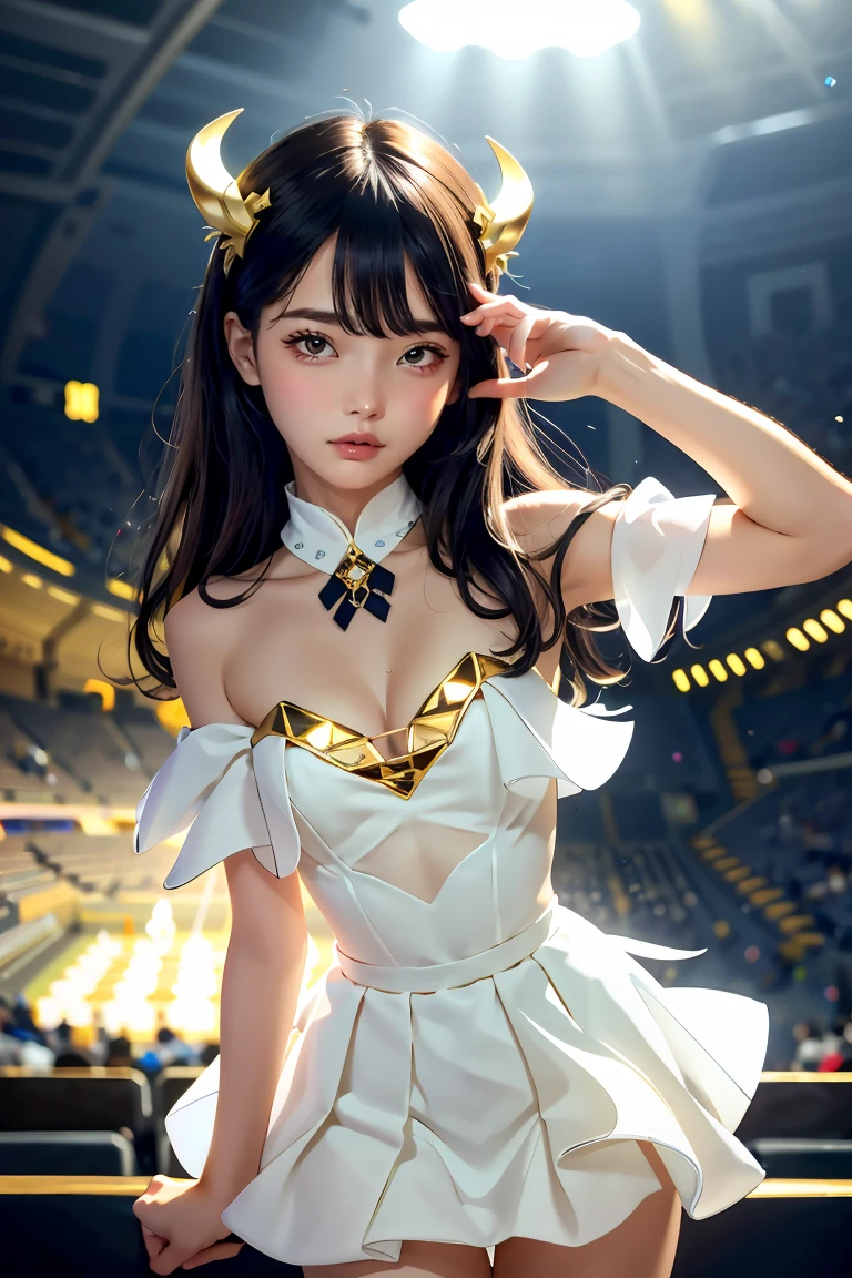 Masterpiece, Best quality, Ultra-detailed, illustration, epic lighting, Cinematic composition, isometry,(hexagons:1.2), 1girll, Horns, Solo, Yellow eyes, Black hair, Long hair, (Low wing:1.2), small cleavage, Bare shoulders, hair between eye, small breasts, (White dress:1.1), Golden decoration, Detached collar, view the viewer, Semi-closed Eyes, (view the viewer:1.1), parted lip, Blush, Black feathers fall, Arena, particle fx, (8K:1.1)