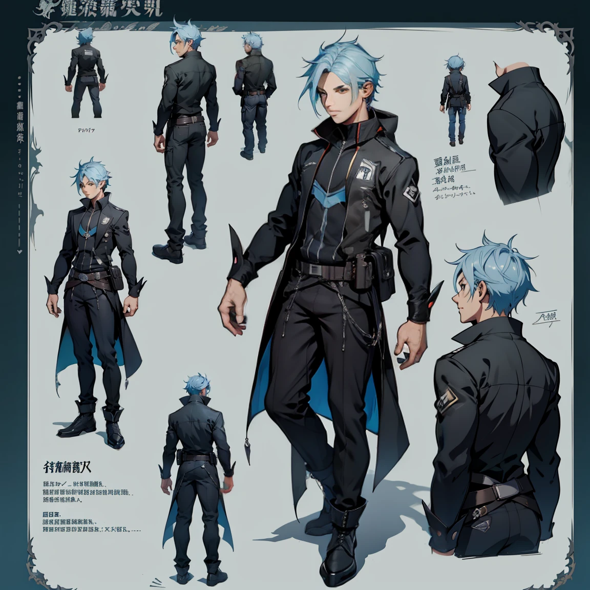 Close-up of a man in a grey suit, ((キャラクターConcept Art)), ((Character design sheet, same characters, front, ~ side, return)) maple story character art, Video Game Character Design, Video Game Character Design, Gray suit, blue hair, 専門家による高精細Concept Art, Interesting character design, Lucio as a man, Gravity Rush inspiration, sticky tar. Concept Art,