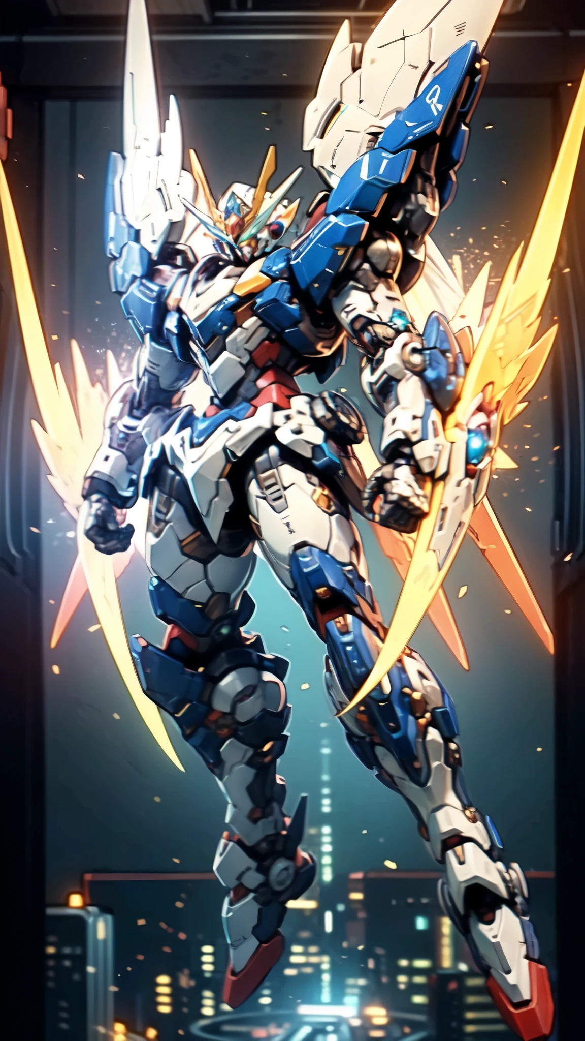 (masterpiece:1.5, best quality:1.5, extremely delicate:1.5), humanoid Mecha, fully enclosed shoulder guards, matching arm and leg guards, full body, full armor, the design balances heavy with agility, (the color scheme is primarily white with red and blue accents, the concept Inspired by Super robot, organic biotech armor, standing, floating high above the futuristic sci-fi city), exquisite and mature art style, (aura effect, energy, glowing eyes, the armor glows), metallic, dramatic, high definition, highres, ultra-detailed, ultra-fine painting, professional, perfect body proportions, anatomically correct, symmetrical face, extremely detailed eyes and face, high quality eyes, creativity, RAW photo, UHD, 32k, Natural light, cinematic lighting, masterpiece-anatomy-perfect