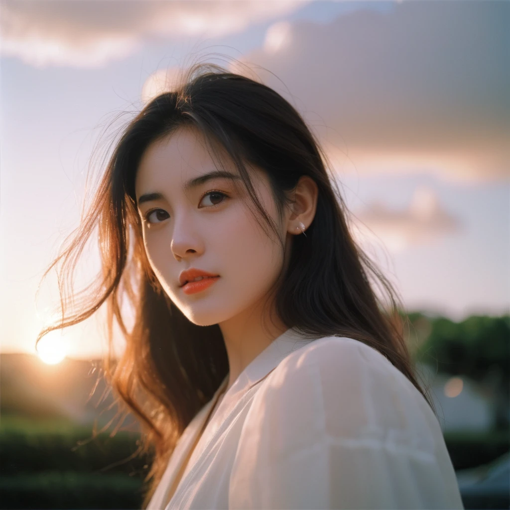 from side,1girl,Random expression,The setting sun,cloud,side,KODAK Ektar 100,raw,8K,32K