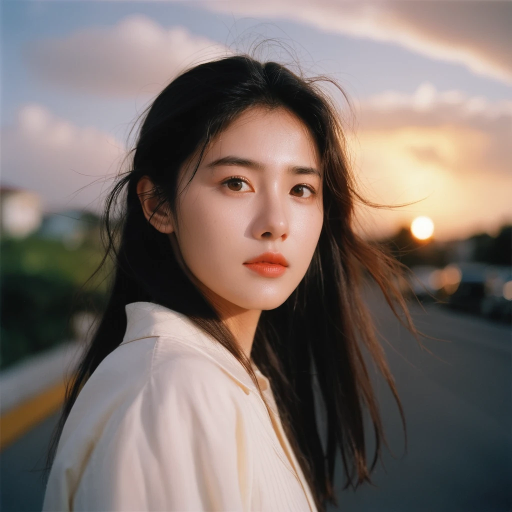 from side,1girl,Random expression,The setting sun,cloud,side,KODAK Ektar 100,raw,8K,32K