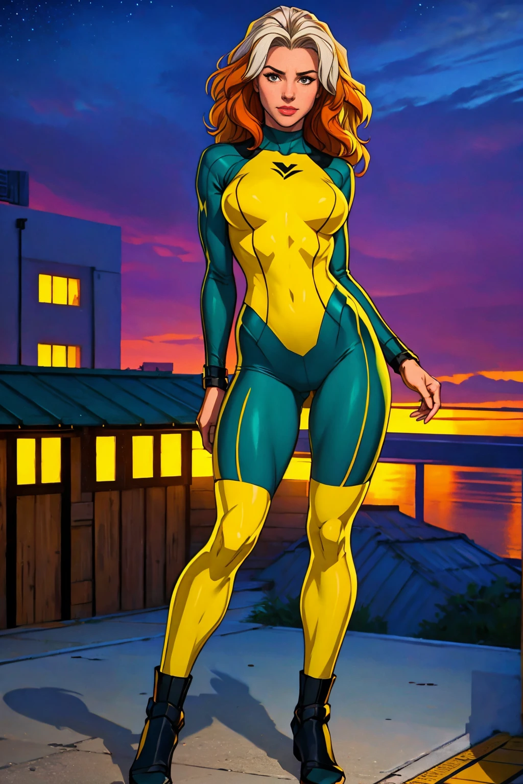 ((Full body shot, standing, feet on the ground)) Rogue, X-Men, (best quality, 4k, 8k, high resolution, cyclist body, masterpiece: 1.2), ultra-detailed, (realistic, photorealistic, photorealistic: 1.37), full body photo, yellow high boots, voluminous hair, beauty pose, standing, show feet, outside, city roof at night, green bandana