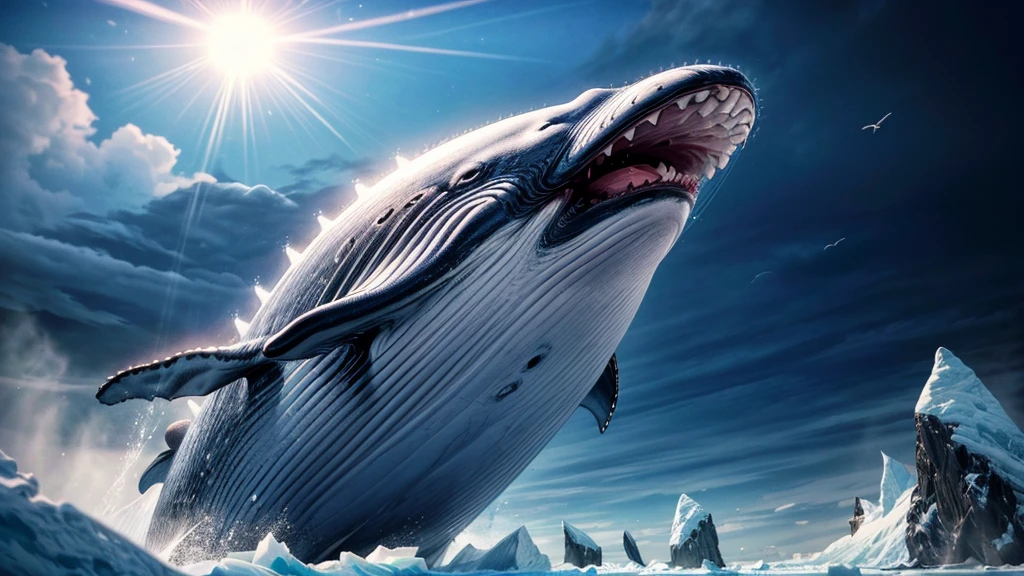 a giant flying whale, whale opening its mouth wide, over the ice floe, clear sky, ethereal, cinematic lighting, dramatic colors, hyperrealistic, 8k, extremely detailed, photorealistic, glowing ethereal whale, dramatic ice floes, cinematic composition, vibrant colors, stunning lighting, masterpiece, (best quality,4k,8k,highres,masterpiece:1.2),ultra-detailed,(realistic,photorealistic,photo-realistic:1.37)