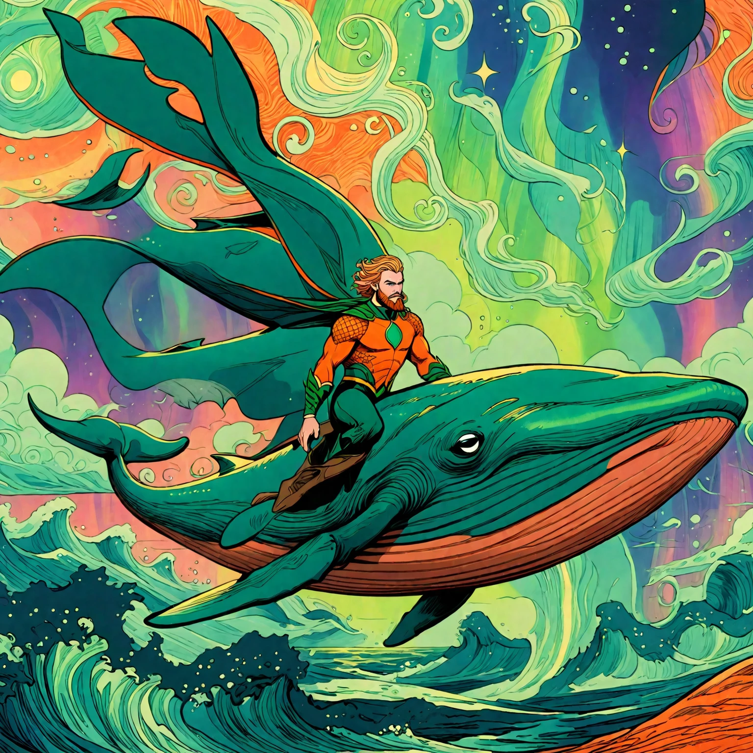 **wordless** aquaman riding a flying whale, (vintage orange and green suit), animated, splash page, expressive bold line illustration, fantasia style flying whales, northern lights, aurora borealis, ethereal, surreal, abstract, ornate, cartoon, hand drawn, cinematic, vivid strange aurora borealis coloring
