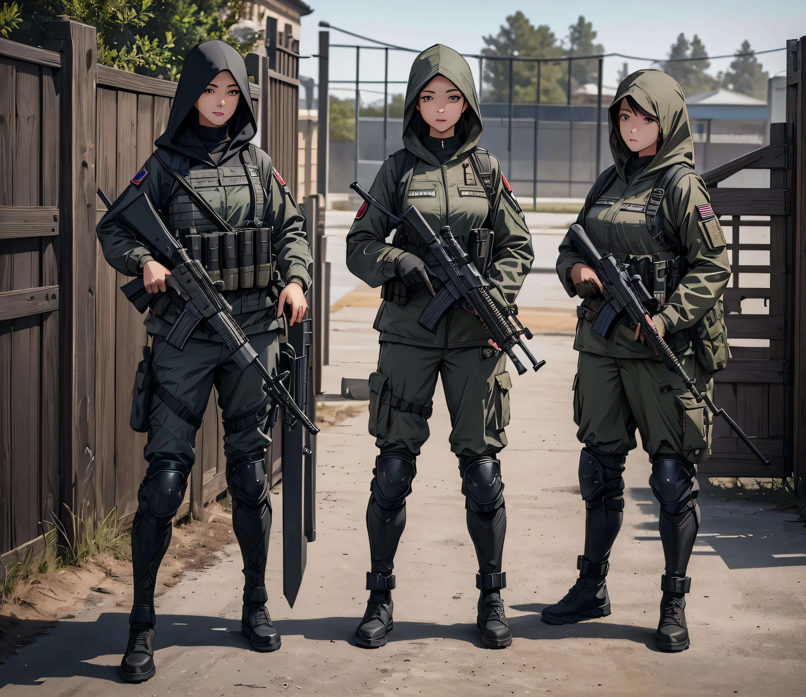 A group of female soldiers with guns standing guard in front of the gate,All wear dark grey M-51 hooded military uniforms、Hooded on head、Magazine Pouch、Military Pants、Knee pads,Write details、masterpiece、best quality、Highly detailed CG、8K picture quality